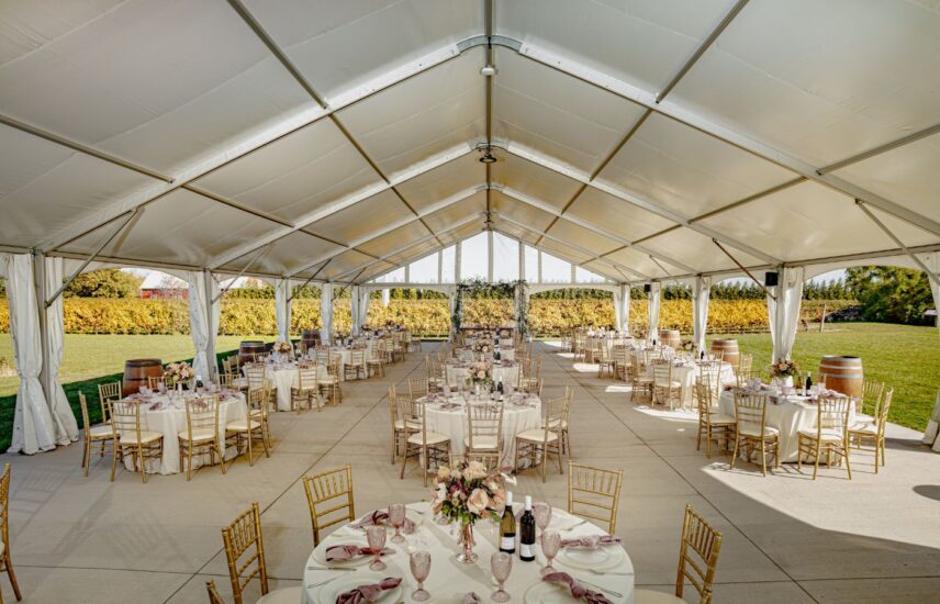 A large wedding reception in the Pondview Terrace at Bella Terra Vineyards in Niagara on the lake
