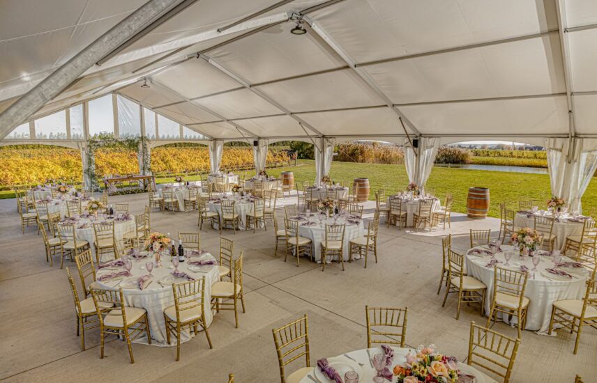 A large wedding reception in the Pondview Terrace at Bella Terra Vineyards in Niagara on the lake