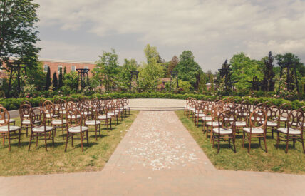 La Roserie wedding venue aisle view from front at Pillar & Post Hotel in Niagara-on-the-Lake