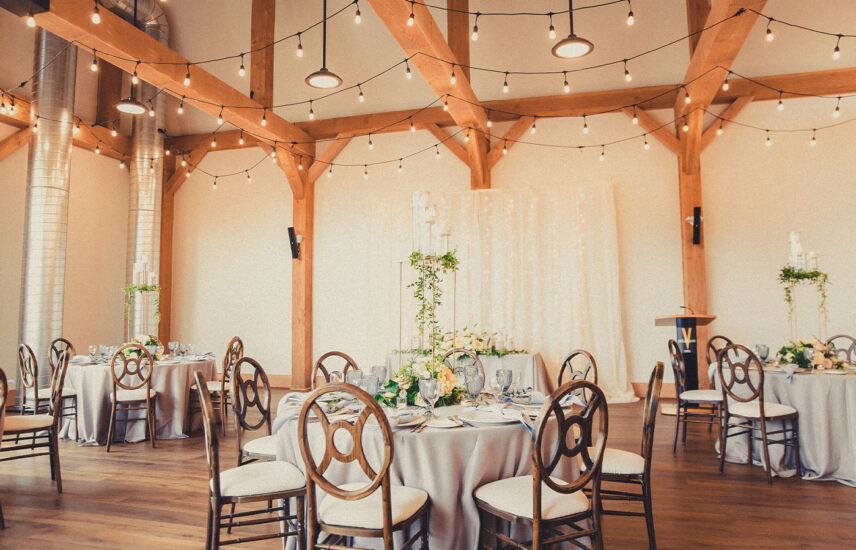 The Barn wedding reception venue decor at the Pillar & Post Hotel in Niagara-on-the-Lake