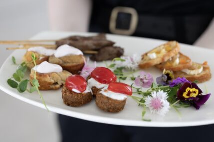 Appetizers being served to guests at a relaxed wedding celebration.