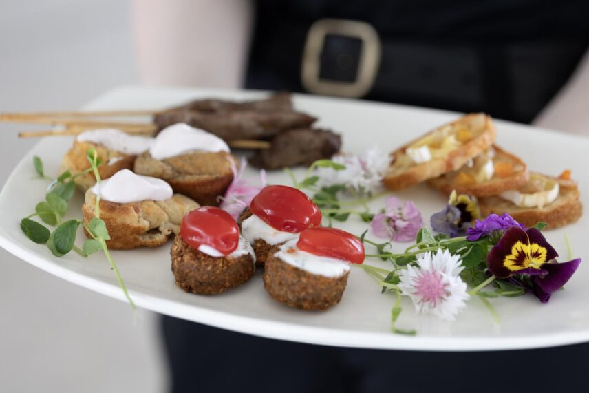 Appetizers being served to guests at a relaxed wedding celebration.