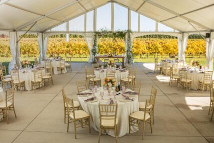 A wedding reception being held in the tent at Bella Terra Vineyards.