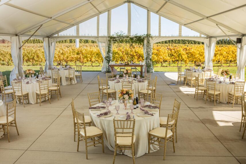 A wedding reception being held in the tent at Bella Terra Vineyards.