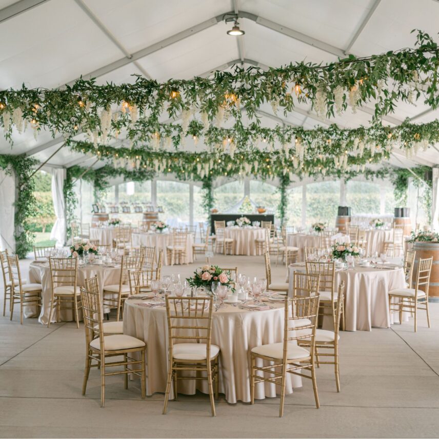 Dining tables set up at Bella Terra Vineyards winery wedding venue in Niagara on the Lake