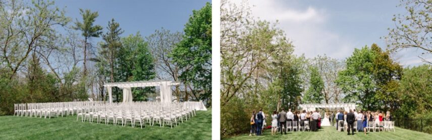 Two photos of the Waterview Garden wedding venue at Queen’s Landing.