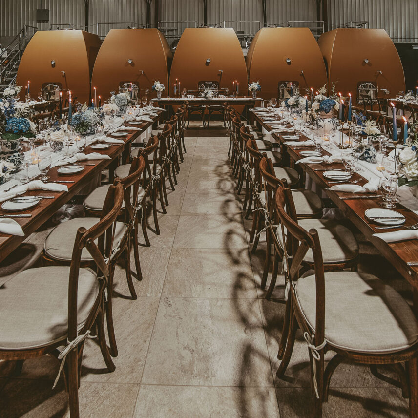 Large wedding banquet tables at Big Head Wines in Niagara-on-the-Lake, Ontario.