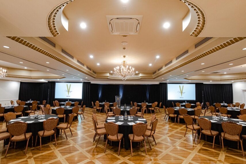 Flexible seating in the Grand Georgian ballroom at the Queen’s Landing hotel in Niagara-on-the-Lake.