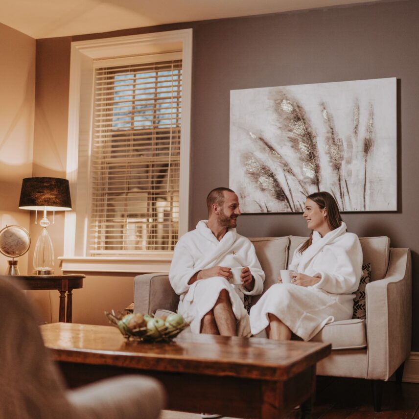 A couple enjoying a spa getaway at the Spa On The Twenty in Jordan, Ontario.