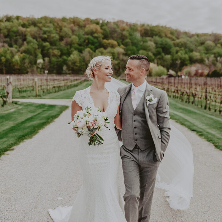 Newlyweds at a vineyard wedding venue in Jordan, Ontario.