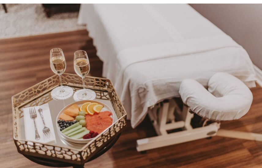 Couples spa treatments with sparkling wine at Spa On The Twenty in Jordan Village, Ontario