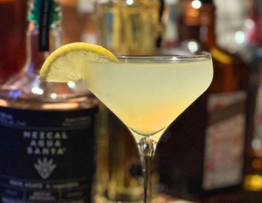 Icewine cocktail garnished with a lemon served at Pillar and Post in Niagara-on-the-Lake, Ontario.