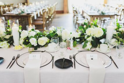 A long banquet table in the Barn outside of the Pillar and Post hotel in Niagara-on-the-Lake.