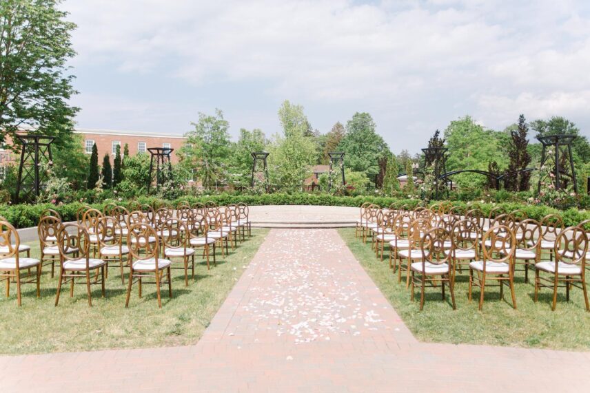 A wedding ceremony at La Roserie in The Gardens at Pillar and Post.