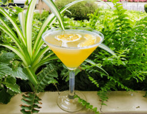 Peach Cosmo cocktail on the Prince of Wales Hotel patio in Niagara on the lake