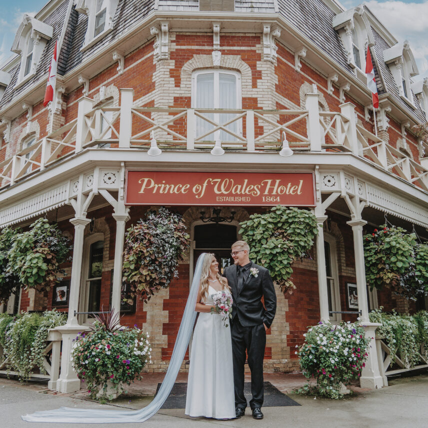 Wedding photos taken outside of the Prince of Wales Hotel in Niagara-on-the-Lake, Ontario.