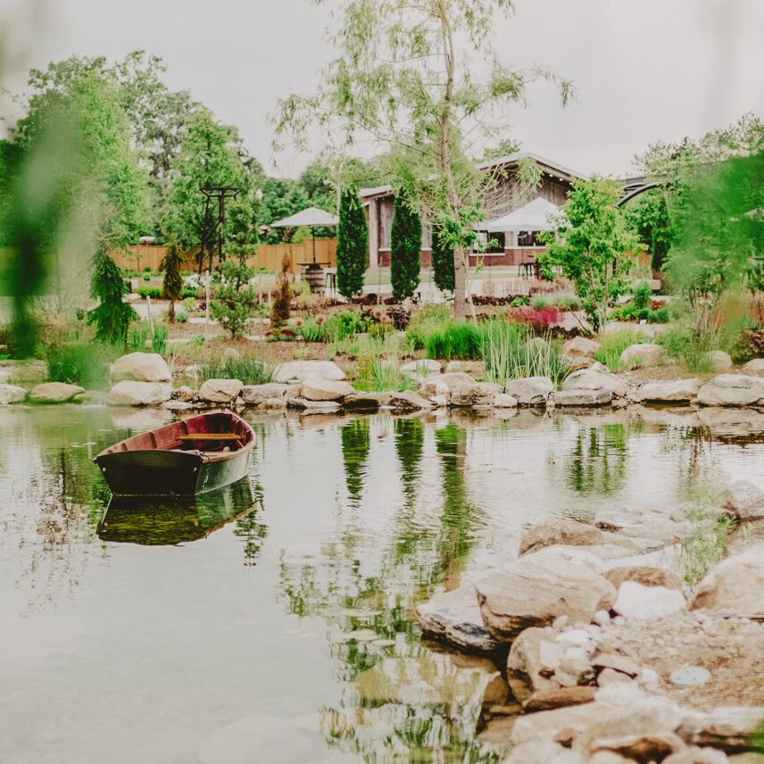 A view of The OutPost through the Gardens at Pillar and Post