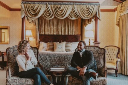 A couple staying in The Royal Suite at the Prince of Wales hotel in Niagara-on-the-Lake.