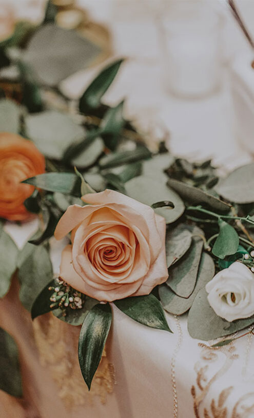 A wedding floral arrangement at the Queen’s Landing hotel in Niagara-on-the-Lake.