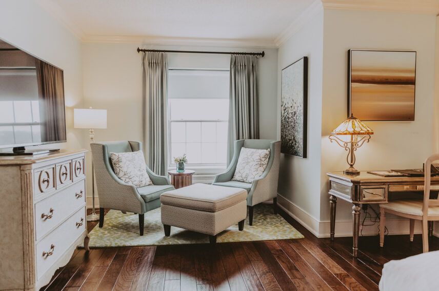 Seating area in suites at the Queens Landing Hotel in Niagara-on-the-Lake