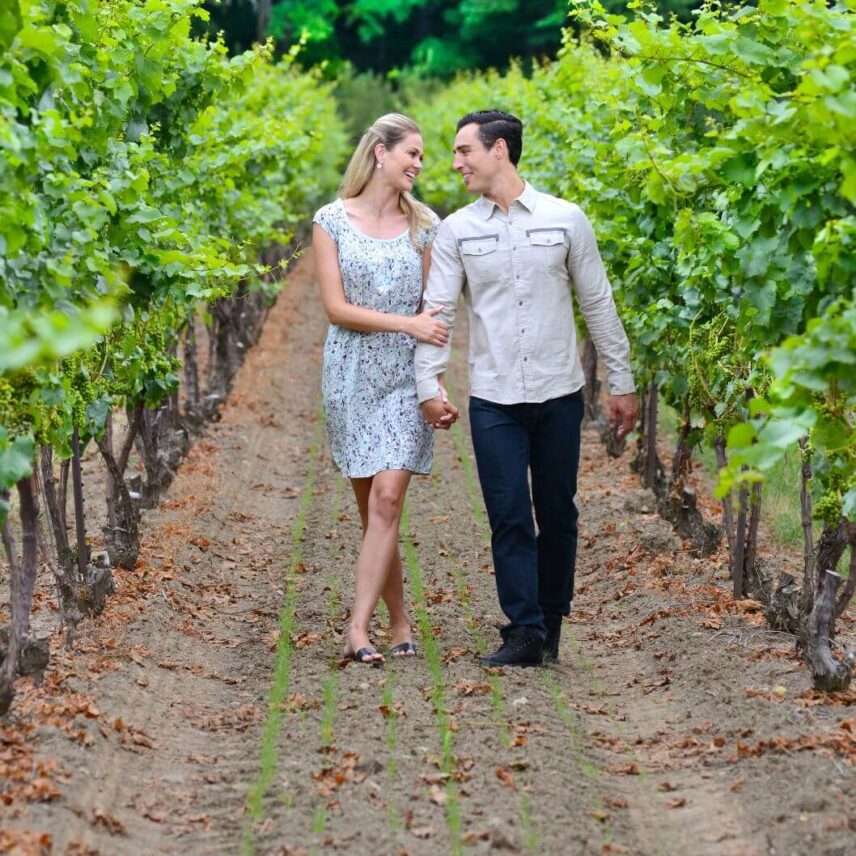 A couple walking through vineyards in Jordan, Ontatio.