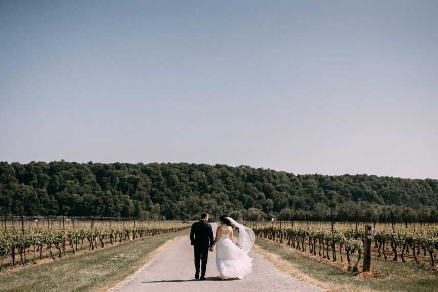 Newlyweds walking through Cave Spring Vineyards in Jordan Village.