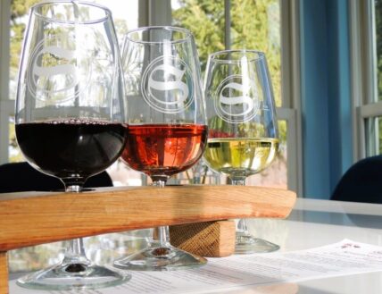 A wine tasting flight at Sue-Ann Staff Estate Winery in Jordan Village.