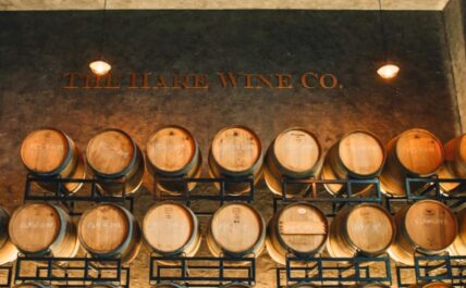 Wine barrels inside The Hare Wine Co. in Niagara-on-the-Lake.