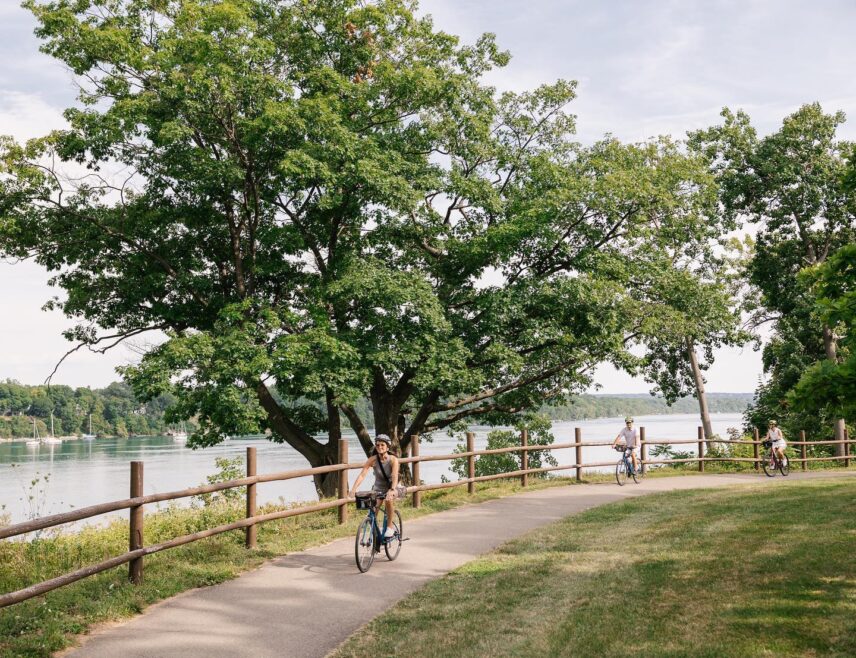 People enjoying biking along a bike path in Niagara on the Lake