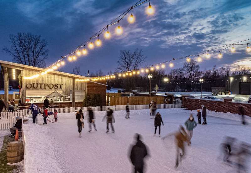 The Ice Rink in The Gardens at Pillar and Post at night